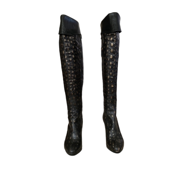 Black/Gold Italian leather over the knee boots - Picture 4 of 15